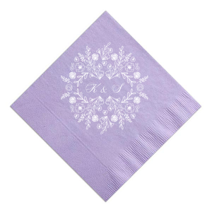 The Blossoming Floral Frame Napkin design features a regal wreath of roses, peonies, and lush greenery, symbolizing love's abundance. At its heart, the couple's initials intertwine in an elegant script, capturing the essence of unity and togetherness within this charming, botanical motif.