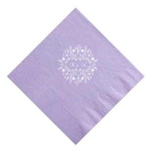 The Blossoming Floral Frame Napkin design features a regal wreath of roses, peonies, and lush greenery, symbolizing love's abundance. At its heart, the couple's initials intertwine in an elegant script, capturing the essence of unity and togetherness within this charming, botanical motif.