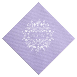 The Blossoming Floral Frame Napkin design features a regal wreath of roses, peonies, and lush greenery, symbolizing love's abundance. At its heart, the couple's initials intertwine in an elegant script, capturing the essence of unity and togetherness within this charming, botanical motif.