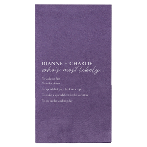 The Couple's Quirks Quiz Napkin turns any gathering into a playful guessing game! It's adorned with the couple's names in striking all-caps, setting the stage for a lively game script. Guests can enjoy scribbling guesses about the couple's quirks, sparking laughter and delightful conversations.