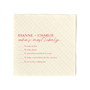 The Couple's Quirks Quiz Napkin turns any gathering into a playful guessing game! It's adorned with the couple's names in striking all-caps, setting the stage for a lively game script. Guests can enjoy scribbling guesses about the couple's quirks, sparking laughter and delightful conversations.