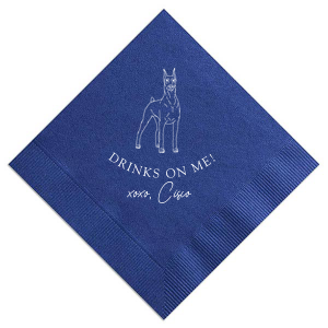 Honor your cherished four-legged family member with the Drinks On Me Dobermann Napkin. This design showcases a majestic Dobermann Pinscher. The playful phrase "Drinks on Me!" coupled with a tender "xoxo" and the dog’s personalized name, reflects the special place this furry friend holds in the family. 