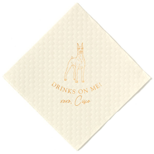 Honor your cherished four-legged family member with the Drinks On Me Dobermann Napkin. This design showcases a majestic Dobermann Pinscher. The playful phrase "Drinks on Me!" coupled with a tender "xoxo" and the dog’s personalized name, reflects the special place this furry friend holds in the family. 