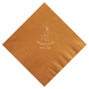 Honor your cherished four-legged family member with the Drinks On Me Dobermann Napkin. This design showcases a majestic Dobermann Pinscher. The playful phrase "Drinks on Me!" coupled with a tender "xoxo" and the dog’s personalized name, reflects the special place this furry friend holds in the family. 