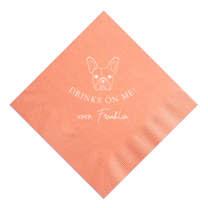 The Drinks On Me French Bulldog Napkin offers a delightful twist for pet lovers. It features an adorable French Bulldog illustration, with the playful message "DRINKS ON ME!" and "xoxo," followed by the pet's name in a charming signature font. This endearing design embodies the warmth and generosity of the pet-owner bond.