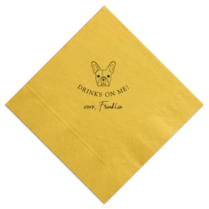 The Drinks On Me French Bulldog Napkin offers a delightful twist for pet lovers. It features an adorable French Bulldog illustration, with the playful message "DRINKS ON ME!" and "xoxo," followed by the pet's name in a charming signature font. This endearing design embodies the warmth and generosity of the pet-owner bond.