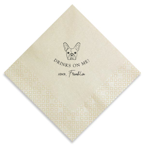 The Drinks On Me French Bulldog Napkin offers a delightful twist for pet lovers. It features an adorable French Bulldog illustration, with the playful message "DRINKS ON ME!" and "xoxo," followed by the pet's name in a charming signature font. This endearing design embodies the warmth and generosity of the pet-owner bond.