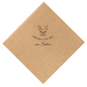 The Drinks On Me French Bulldog Napkin offers a delightful twist for pet lovers. It features an adorable French Bulldog illustration, with the playful message "DRINKS ON ME!" and "xoxo," followed by the pet's name in a charming signature font. This endearing design embodies the warmth and generosity of the pet-owner bond.