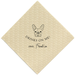 The Drinks On Me French Bulldog Napkin offers a delightful twist for pet lovers. It features an adorable French Bulldog illustration, with the playful message "DRINKS ON ME!" and "xoxo," followed by the pet's name in a charming signature font. This endearing design embodies the warmth and generosity of the pet-owner bond.