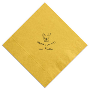 The Drinks On Me French Bulldog Napkin offers a delightful twist for pet lovers. It features an adorable French Bulldog illustration, with the playful message "DRINKS ON ME!" and "xoxo," followed by the pet's name in a charming signature font. This endearing design embodies the warmth and generosity of the pet-owner bond.
