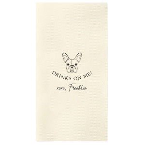 The Drinks On Me French Bulldog Napkin offers a delightful twist for pet lovers. It features an adorable French Bulldog illustration, with the playful message "DRINKS ON ME!" and "xoxo," followed by the pet's name in a charming signature font. This endearing design embodies the warmth and generosity of the pet-owner bond.