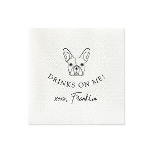 The Drinks On Me French Bulldog Napkin offers a delightful twist for pet lovers. It features an adorable French Bulldog illustration, with the playful message "DRINKS ON ME!" and "xoxo," followed by the pet's name in a charming signature font. This endearing design embodies the warmth and generosity of the pet-owner bond.