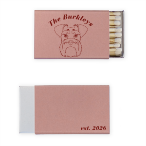 Don't leave your furry best friend out of your wedding plans! Custom matchboxes with an adorable schnauzer graphic will be a huge hit as a dog themed wedding party favor. 