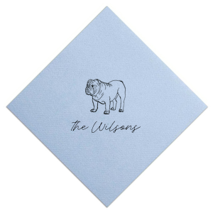The Script Family Name Bulldog Napkin features a detailed bulldog illustration paired with elegant script text for a charming, custom accent. Add it to your entertaining essentials to showcase your love for furry family members. Perfect for housewarming parties or casual gatherings.