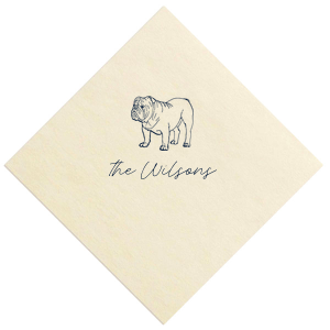 The Script Family Name Bulldog Napkin features a detailed bulldog illustration paired with elegant script text for a charming, custom accent. Add it to your entertaining essentials to showcase your love for furry family members. Perfect for housewarming parties or casual gatherings.