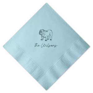 The Script Family Name Bulldog Napkin features a detailed bulldog illustration paired with elegant script text for a charming, custom accent. Add it to your entertaining essentials to showcase your love for furry family members. Perfect for housewarming parties or casual gatherings.