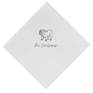 The Script Family Name Bulldog Napkin features a detailed bulldog illustration paired with elegant script text for a charming, custom accent. Add it to your entertaining essentials to showcase your love for furry family members. Perfect for housewarming parties or casual gatherings.