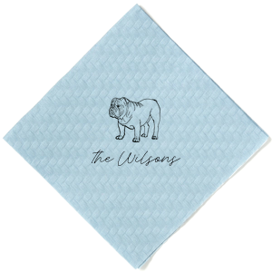 The Script Family Name Bulldog Napkin features a detailed bulldog illustration paired with elegant script text for a charming, custom accent. Add it to your entertaining essentials to showcase your love for furry family members. Perfect for housewarming parties or casual gatherings.