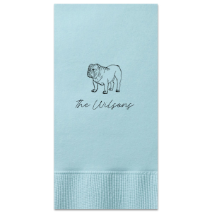 The Script Family Name Bulldog Napkin features a detailed bulldog illustration paired with elegant script text for a charming, custom accent. Add it to your entertaining essentials to showcase your love for furry family members. Perfect for housewarming parties or casual gatherings.