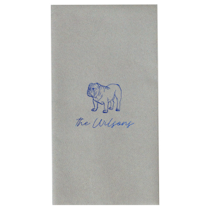 The Script Family Name Bulldog Napkin features a detailed bulldog illustration paired with elegant script text for a charming, custom accent. Add it to your entertaining essentials to showcase your love for furry family members. Perfect for housewarming parties or casual gatherings.