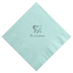 The Script Family Name Bulldog Napkin features a detailed bulldog illustration paired with elegant script text for a charming, custom accent. Add it to your entertaining essentials to showcase your love for furry family members. Perfect for housewarming parties or casual gatherings.