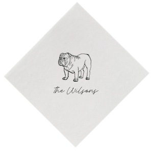 The Script Family Name Bulldog Napkin features a detailed bulldog illustration paired with elegant script text for a charming, custom accent. Add it to your entertaining essentials to showcase your love for furry family members. Perfect for housewarming parties or casual gatherings.