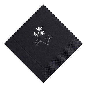 A cute dachshund napkin will be the perfect addition to your wedding. Featuring a bold font, there is a space on this dog themed napkin to include your last name. 