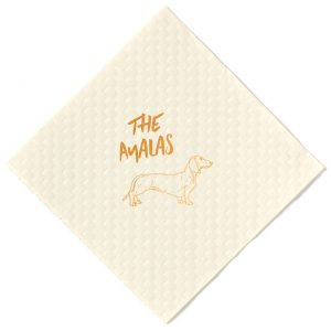 A cute dachshund napkin will be the perfect addition to your wedding. Featuring a bold font, there is a space on this dog themed napkin to include your last name. 