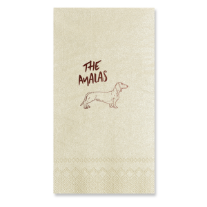A cute dachshund napkin will be the perfect addition to your wedding. Featuring a bold font, there is a space on this dog themed napkin to include your last name. 