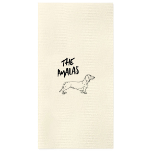 A cute dachshund napkin will be the perfect addition to your wedding. Featuring a bold font, there is a space on this dog themed napkin to include your last name. 