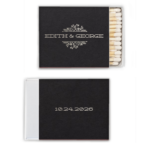 Strike elegance at your celebration with the Floral Bouquet Frame Matchbox framed by a lavish floral wreath that delicately intertwines with your names. The event date on the reverse adds a final touch to this exquisitely crafted, sophisticated design.