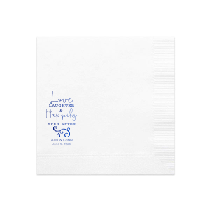 The Dynamic Stacked Love Laughter Wedding Napkin design exudes gaiety with its stacked "Love, Laughter & Happily Ever After" phrase in varied fonts, reminiscent of a melody. A large scrolling flourish with spark-like details adds dynamism. Below, the couple's names and date anchor this vibrant, joyous theme.