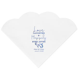 The Dynamic Stacked Love Laughter Wedding Napkin design exudes gaiety with its stacked "Love, Laughter & Happily Ever After" phrase in varied fonts, reminiscent of a melody. A large scrolling flourish with spark-like details adds dynamism. Below, the couple's names and date anchor this vibrant, joyous theme.