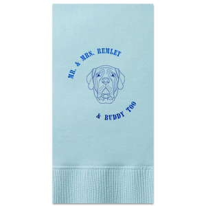 Dog cocktail napkins are the latest wedding trend! Customize this dog wedding napkin with your last name and the name of your dog. Featuring a mastiff graphic. 