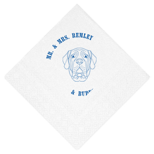 Dog cocktail napkins are the latest wedding trend! Customize this dog wedding napkin with your last name and the name of your dog. Featuring a mastiff graphic. 