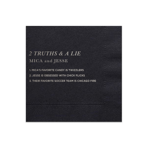 The Two Truths and a Lie Napkin energizes social interaction with its clever design. It features the game's title, the couple's names, and three statements for guests to decipher, blending decor with playful engagement and sparking lively conversations at each table.