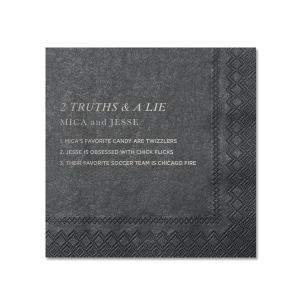 The Two Truths and a Lie Napkin energizes social interaction with its clever design. It features the game's title, the couple's names, and three statements for guests to decipher, blending decor with playful engagement and sparking lively conversations at each table.