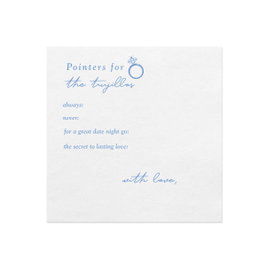 Looking for a creative wedding detail? Get your guests to give you wedding advice on personalized napkins! They can write advice for a date night idea, does, and don'ts. After you can have a memorable collage of all of the wedding advice from your guests! 