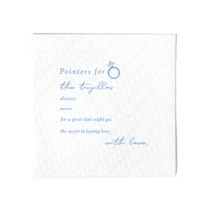 Looking for a creative wedding detail? Get your guests to give you wedding advice on personalized napkins! They can write advice for a date night idea, does, and don'ts. After you can have a memorable collage of all of the wedding advice from your guests! 