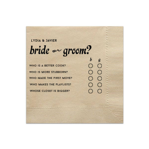 The Who's Most Likely To Game Napkin features playful prompts and checkmark columns designed to spark laughs. Set it out to get guests chatting, voting, and bonding over lighthearted competition. Made for bridal showers or pre-wedding celebrations.