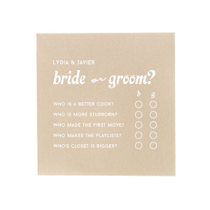 Play a fun wedding game with your guests! Who's most likely to or the wedding shoe game is printed on this custom napkin. Test your guests knowledge at the wedding, bachelorette party, or engagement party!