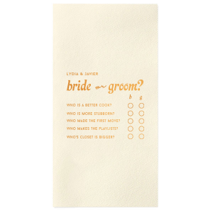 The Who's Most Likely To Game Napkin features playful prompts and checkmark columns designed to spark laughs. Set it out to get guests chatting, voting, and bonding over lighthearted competition. Made for bridal showers or pre-wedding celebrations.