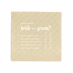 The Who's Most Likely To Game Napkin features playful prompts and checkmark columns designed to spark laughs. Set it out to get guests chatting, voting, and bonding over lighthearted competition. Made for bridal showers or pre-wedding celebrations.