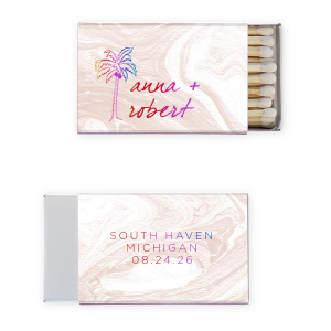 Dive into a tropical paradise with the Palm Tree Tropical Love Wedding Match, where an artistic palm tree graphic sways beside the couple's names in elegant, breezy script. Flip it, and discover the event's locale and date, perfectly capturing the essence of a sun-kissed, seaside celebration.