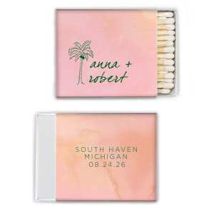 Dive into a tropical paradise with the Palm Tree Tropical Love Wedding Match, where an artistic palm tree graphic sways beside the couple's names in elegant, breezy script. Flip it, and discover the event's locale and date, perfectly capturing the essence of a sun-kissed, seaside celebration.