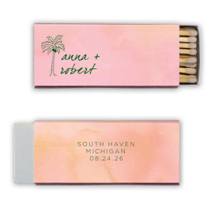 Dive into a tropical paradise with the Palm Tree Tropical Love Wedding Match, where an artistic palm tree graphic sways beside the couple's names in elegant, breezy script. Flip it, and discover the event's locale and date, perfectly capturing the essence of a sun-kissed, seaside celebration.