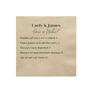 Over under is a fun wedding game to play with your guests. Have your guests guess if the number you write next to a fun fact is over or under the real date! For instance, the number of years you've dated each other... over or under 3?