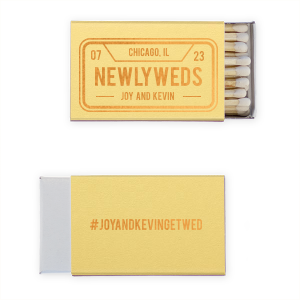 Beep, beep, someone’s getting hitched! The License Plate Matchbox features bold a customizable location liscence play design, and a playful hashtag detail on the back. Add it to your event to create a memorable touch guests will love. Perfect for wedding celebrations or engagement weekends.