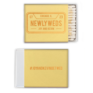 Beep, beep, someone’s getting hitched! The License Plate Matchbox features bold a customizable location liscence play design, and a playful hashtag detail on the back. Add it to your event to create a memorable touch guests will love. Perfect for wedding celebrations or engagement weekends.