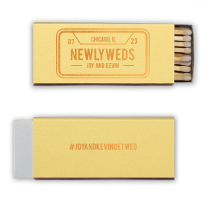 Beep, beep, someone’s getting hitched! The License Plate Matchbox features bold a customizable location liscence play design, and a playful hashtag detail on the back. Add it to your event to create a memorable touch guests will love. Perfect for wedding celebrations or engagement weekends.